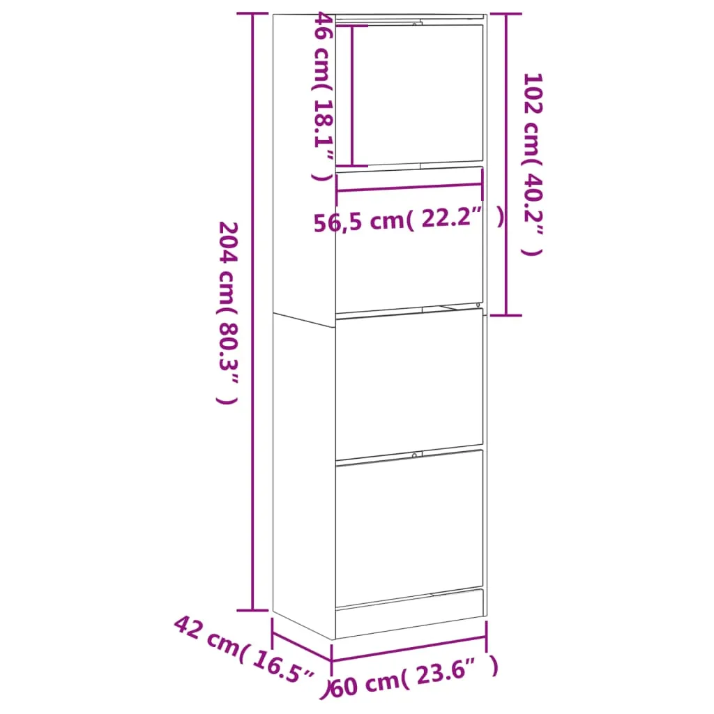 Shoe Cabinet with 4 Flip-Drawers Smoked Oak 60x42x204 cm