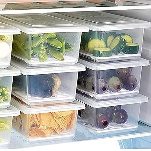 Skylike 6 Fridge Storage Boxes Fridge Organizer Food Storage Container with Removable Drain Plate and Lid Stackable Fruits, Vegetables, Fish Fresh Longer 1500 ML Container Boxes (Pack of 6,Plastic)