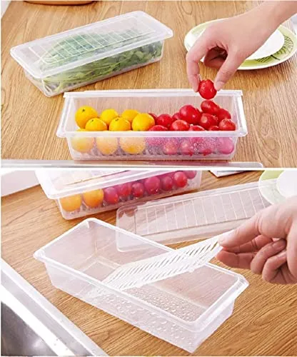 Skylike 6 Fridge Storage Boxes Fridge Organizer Food Storage Container with Removable Drain Plate and Lid Stackable Fruits, Vegetables, Fish Fresh Longer 1500 ML Container Boxes (Pack of 6,Plastic)