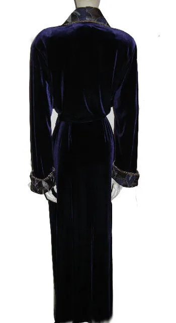 SOLD - NEW - GORGEOUS DIAMOND TEA LUXURIOUS WRAP-STYLE SPANDEX VELVET VELOUR ROBE IN AMETHYST WITH BROCADE APPLIQUE-LOOK FLORAL & LEAF COLLAR & CUFFS - SIZE MEDIUM - #2