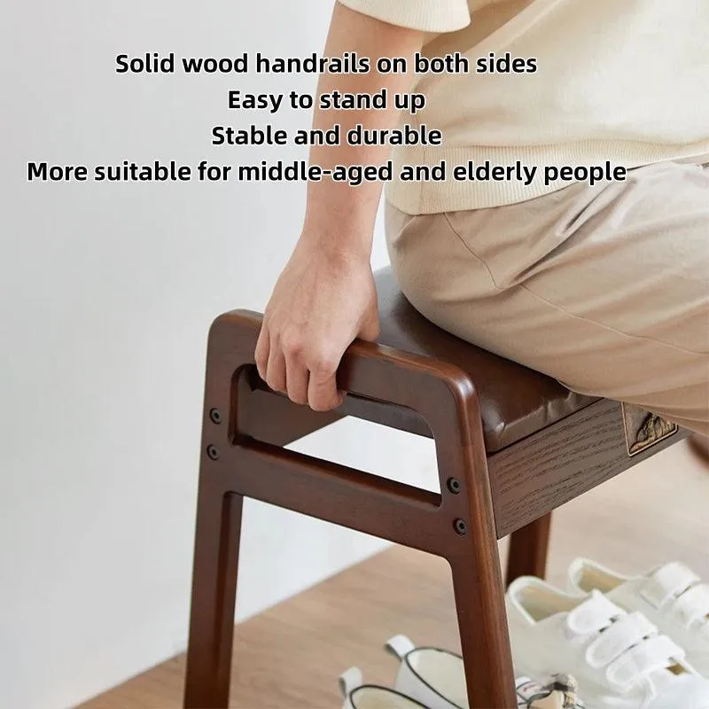 Solid Wood Shoe Changing Stool with Armrests Ottoman Foot Rest Shoe Bench