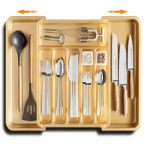 TAELXIID Silverware Drawer Organizer, Expandable Utensil Tray for Kitchen, BPA Free Flatware and Cutlery Holder, Adjustable Plastic Storage for Spoons Forks Knives, Large, Gold