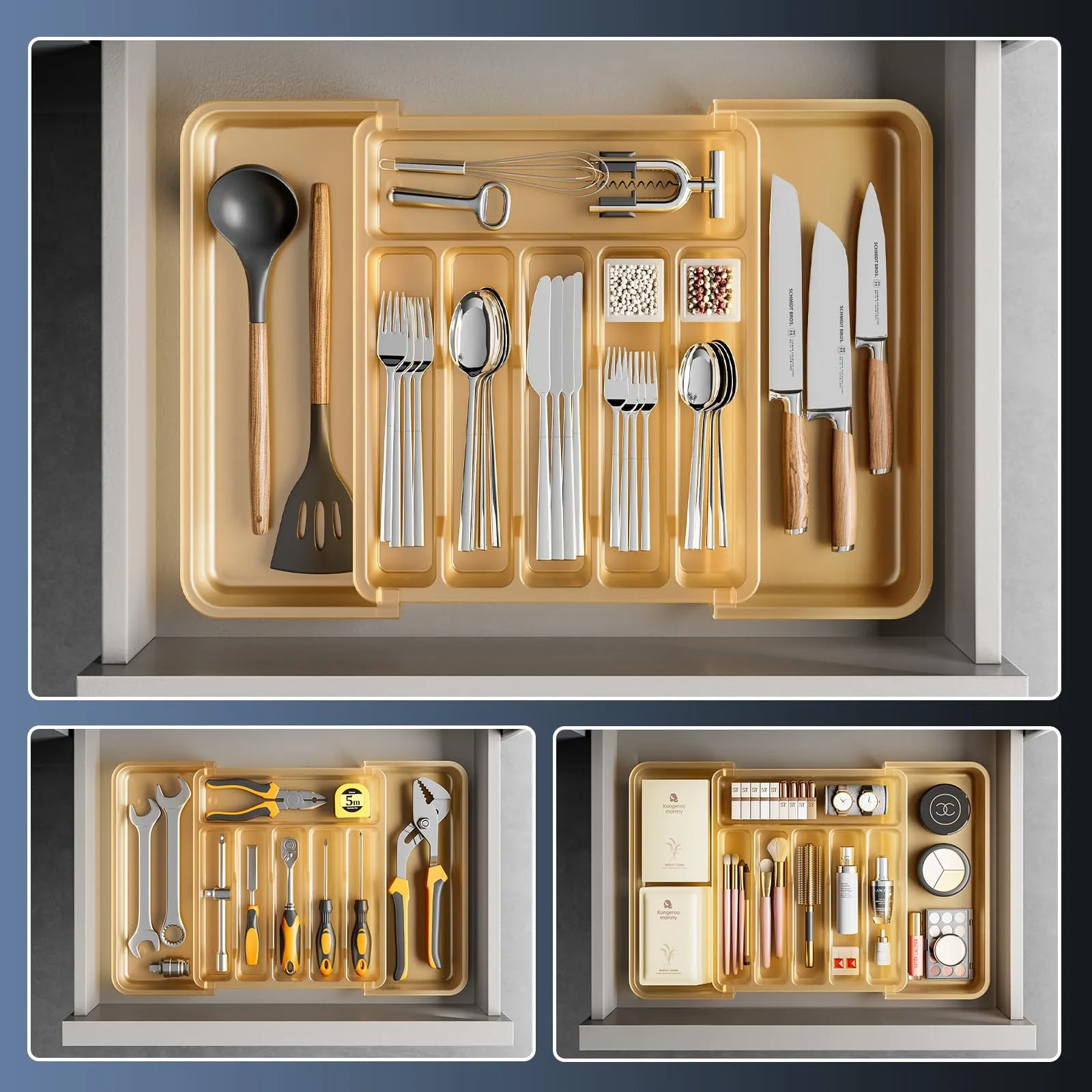 TAELXIID Silverware Drawer Organizer, Expandable Utensil Tray for Kitchen, BPA Free Flatware and Cutlery Holder, Adjustable Plastic Storage for Spoons Forks Knives, Large, Gold