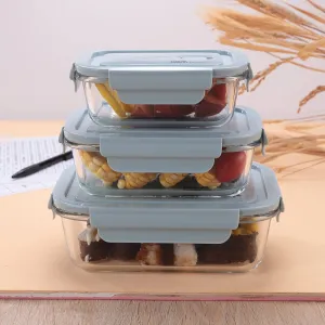 The Better Home Food Container With Snap Airtight Lid 3 Pcs (1040ml 680ml 410ml) Blue|Borosilicate Glass Container For Kitchen Storage Box Microwave Safe | Glass Tiffin Box| Lunch Box