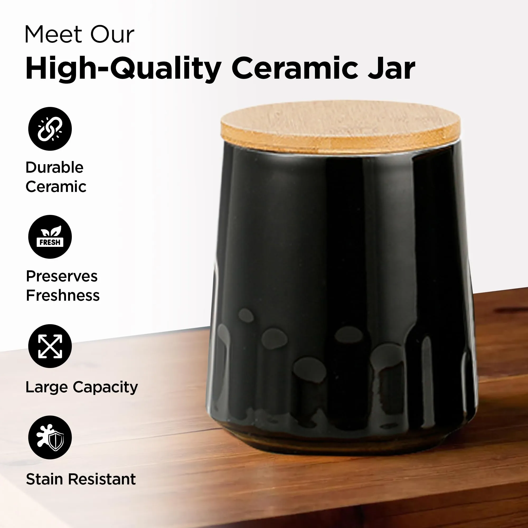 UMAI Ceramic Jars For Kitchen Storage With Bamboo Lids | Airtight Kitchen Containers Set | Multipurpose Jars For Pickles Nuts Dry Fruits Pulses | 650ml | Pack of 3 (Black)