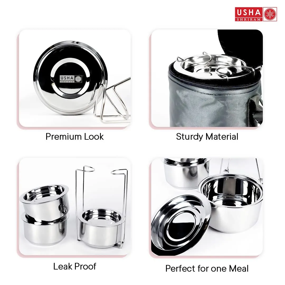 USHA SHRIRAM Stainless Steel Insulated Lunch Box With Insulated Bag |3pc (250ml each) Stackable & Leak Proof Containers| Lunch Box for Kids Office Men & Women | Insulated Bag for Extra Hot & Cold Food