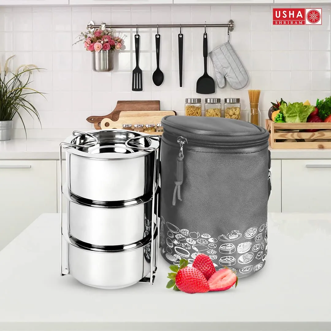 USHA SHRIRAM Stainless Steel Insulated Lunch Box With Insulated Bag |3pc (250ml each) Stackable & Leak Proof Containers| Lunch Box for Kids Office Men & Women | Insulated Bag for Extra Hot & Cold Food