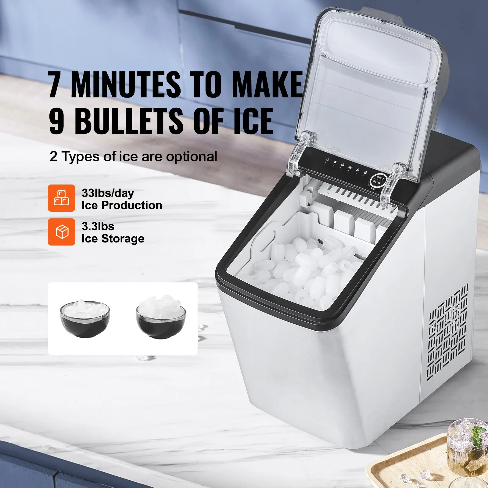 VEVOR Countertop Ice Maker, 9 Cubes Ready in 7 Mins, 33lbs in 24Hrs, Self-Cleaning Portable Ice Maker with Ice Scoop and Basket, 2 Ways Water Refill Ice Machine with 2 Size Bullet Ice for Kitchen Bar