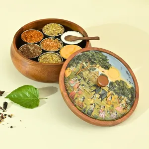 Wooden Saga Masala Box | Mango Wood | Multicolour