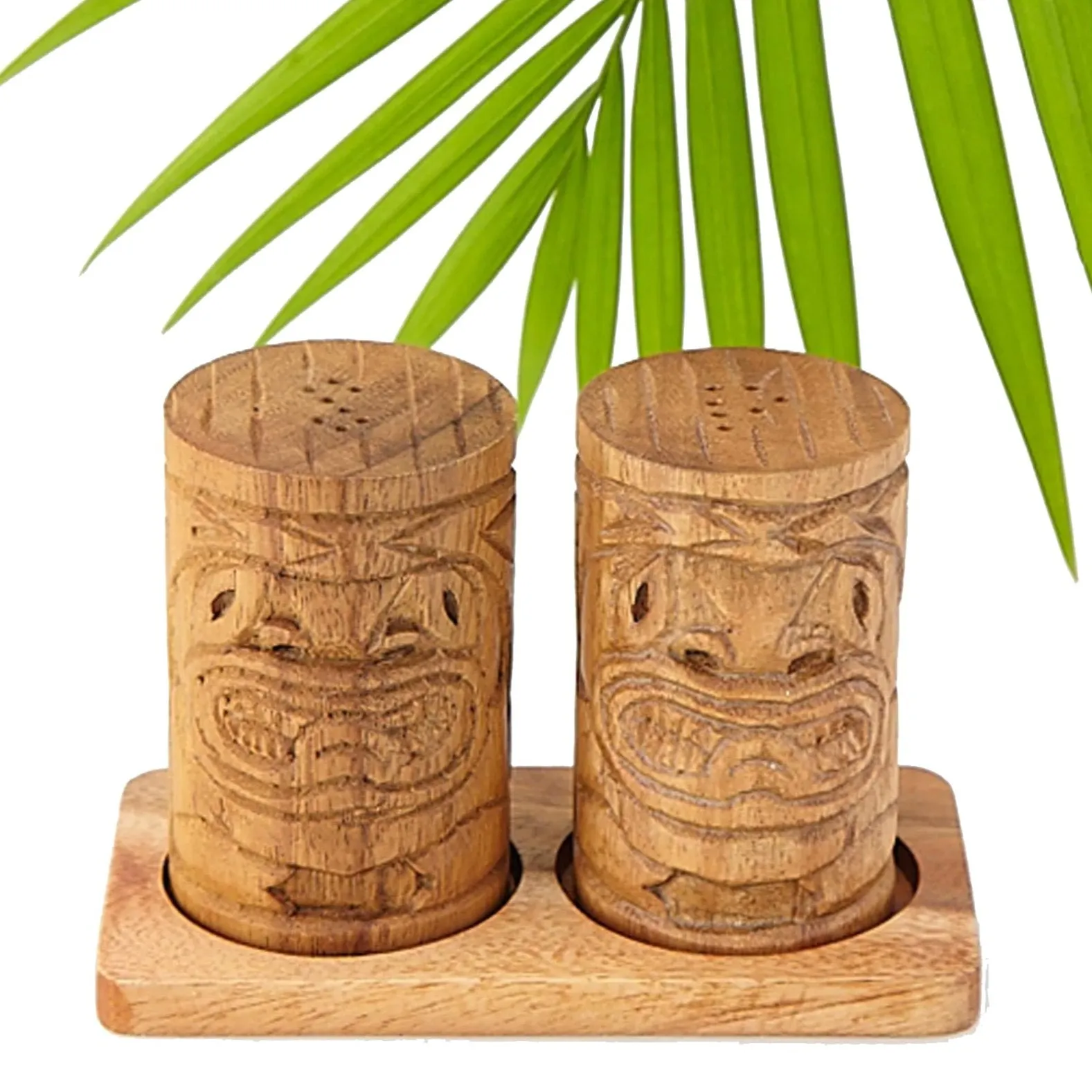 Wooden Tiki Salt & Pepper Shakers with Base